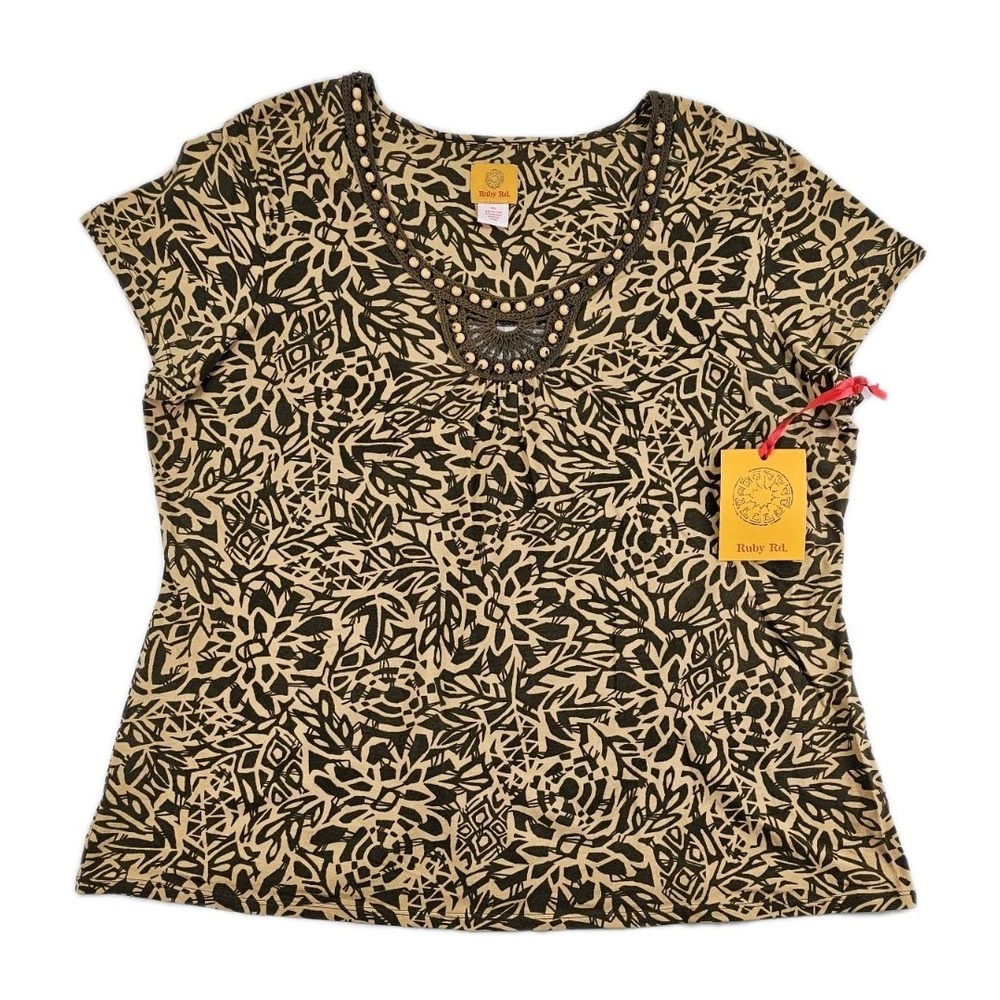 Ruby Rd Womens XL Painted Desert Blouse Peanut Floral Beads Top Stretch 80152